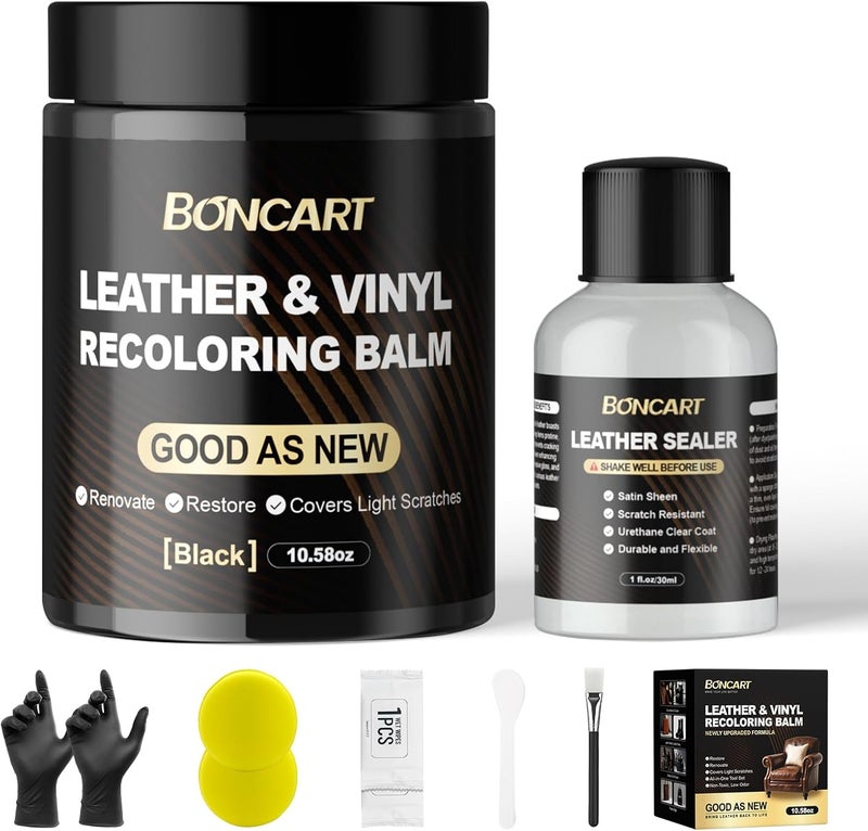 Boncart بلسم إعادة تلوين الجلد من بونكارت 10.58 أونصة مع مانع تسرب الجلد، استعادة لون الجلد، مجموعة إصلاح الجلد للأثاث الفينيل والأحذية ومقاعد السيارات والحقائب، إصلاح الخدوش الخفيفة للجلد (اللون الأسود) - Image 1