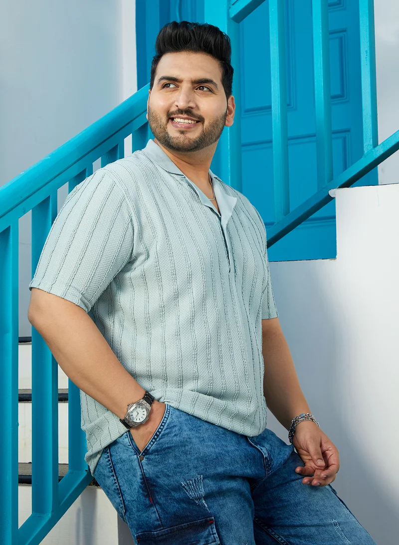 Instafab Plus Instafab Plus Men's Mint Green Wicker-Tactile Polo T-Shirt For Casual Wear | Polo Neck | Short Cuffed Sleeves | Half-Button Closure | Plus Size T-Shirt Crafted With Comfort Fit For Everyday Wear