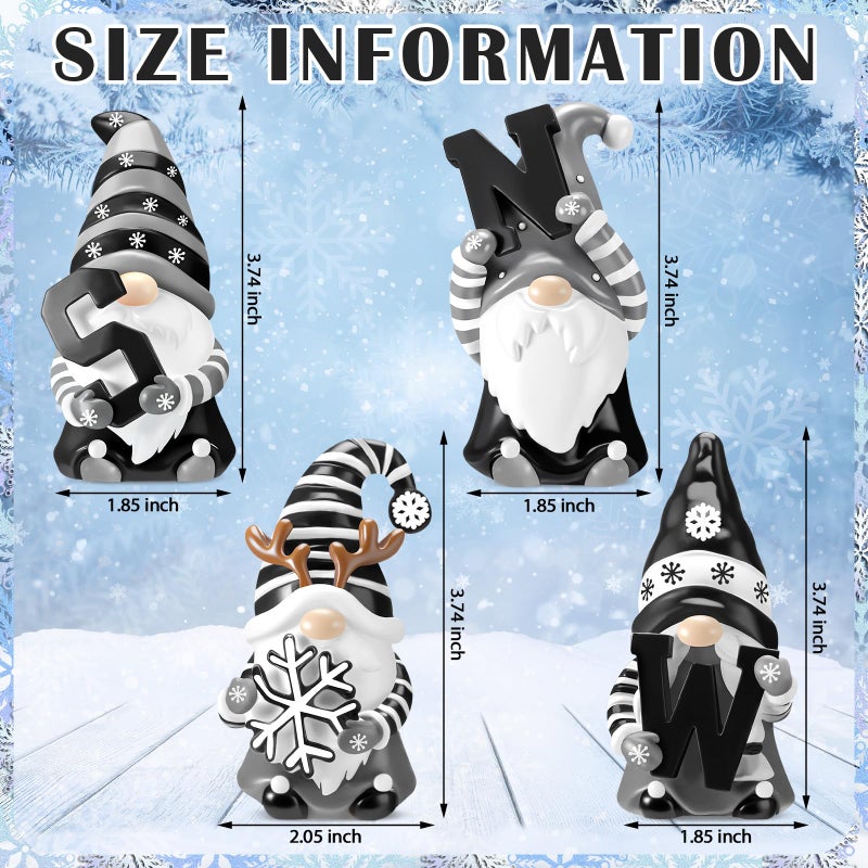 ShinyRelief 4 Pcs Winter Figurines Resin Gnome Tabletop Snowflake Antlers Sculpture Decoration Winter Black White Centerpiece for Home Dining Room Party Supplies Gifts Decor - Image 3