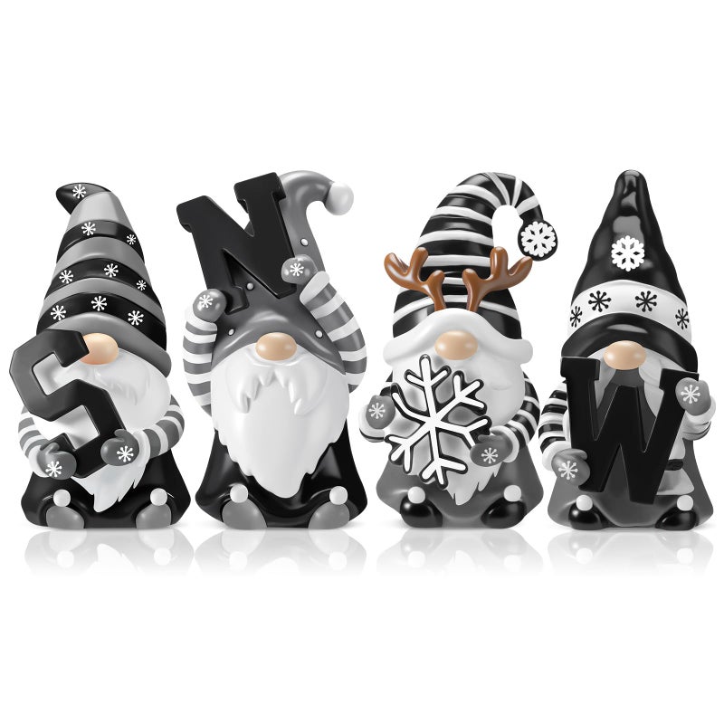 ShinyRelief 4 Pcs Winter Figurines Resin Gnome Tabletop Snowflake Antlers Sculpture Decoration Winter Black White Centerpiece for Home Dining Room Party Supplies Gifts Decor - Image 1