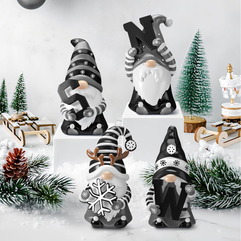 ShinyRelief 4 Pcs Winter Figurines Resin Gnome Tabletop Snowflake Antlers Sculpture Decoration Winter Black White Centerpiece for Home Dining Room Party Supplies Gifts Decor - Image 5