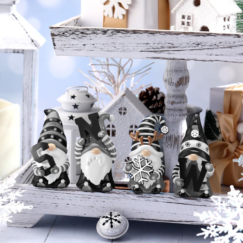ShinyRelief 4 Pcs Winter Figurines Resin Gnome Tabletop Snowflake Antlers Sculpture Decoration Winter Black White Centerpiece for Home Dining Room Party Supplies Gifts Decor - Image 2