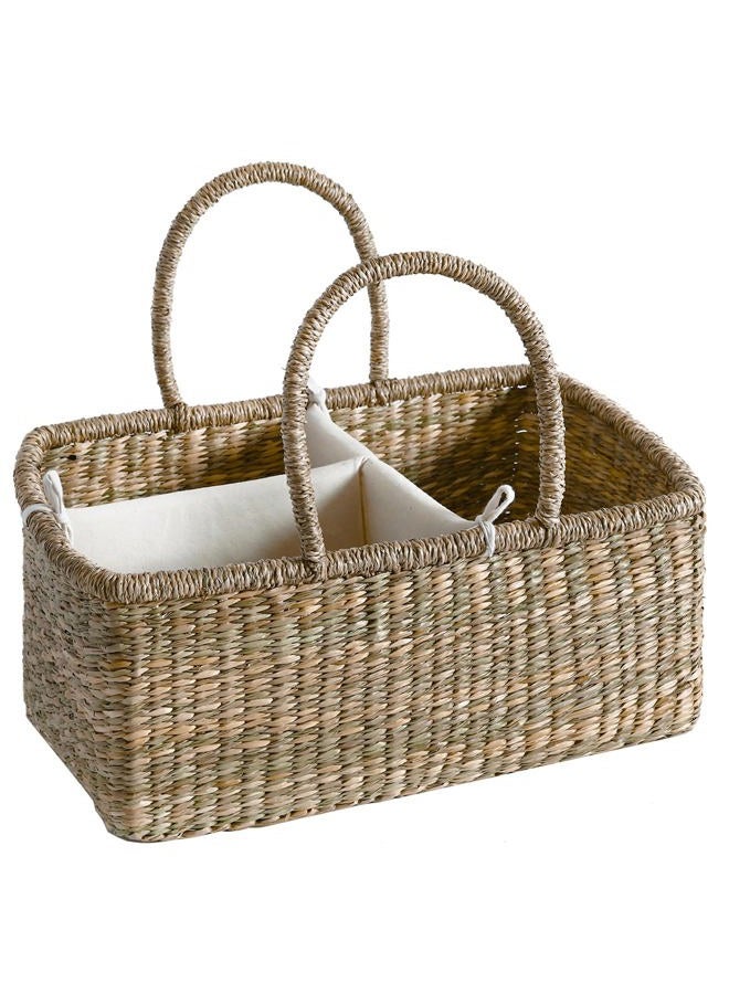 Quincry Premium Wicker Baby Diaper Caddy Organizer, Woven Seagrass Basket with Handles, Diaper Basket with Dividers (Rectangle) - Image 1