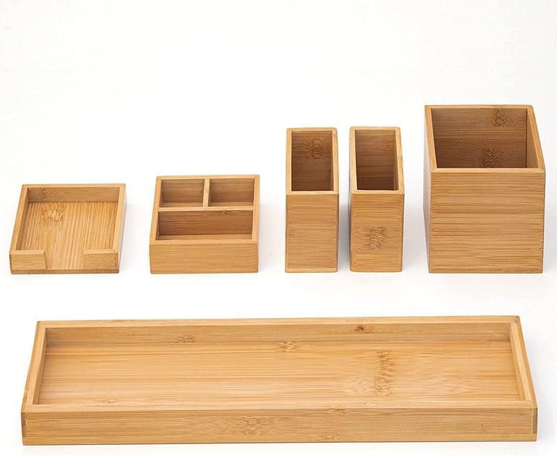ROCDEER Bamboo Vanity Tray Set Adjustable 6Piece Bathroom Organiser for Countertop Home Office Desk Organiser Cosmetic Tray  Holds Small Items