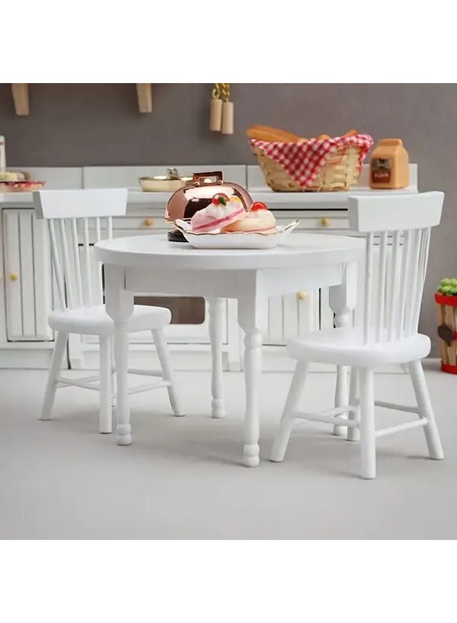 1 12 Dollhouse DIY Miniature Wooden White Round Table Set With 2 Chairs - Image 4