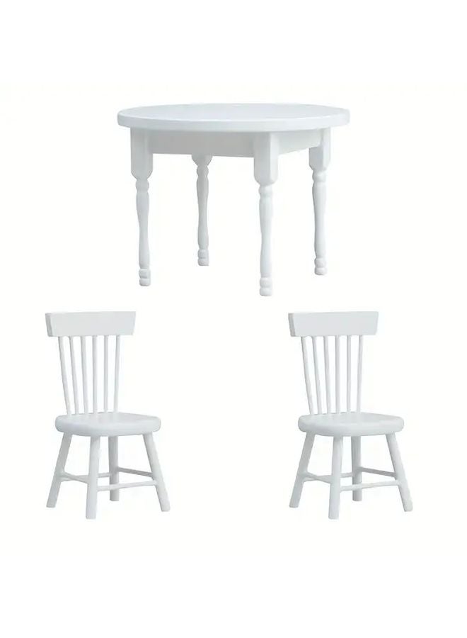 1 12 Dollhouse DIY Miniature Wooden White Round Table Set With 2 Chairs - Image 1