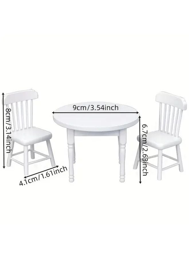1 12 Dollhouse DIY Miniature Wooden White Round Table Set With 2 Chairs - Image 3