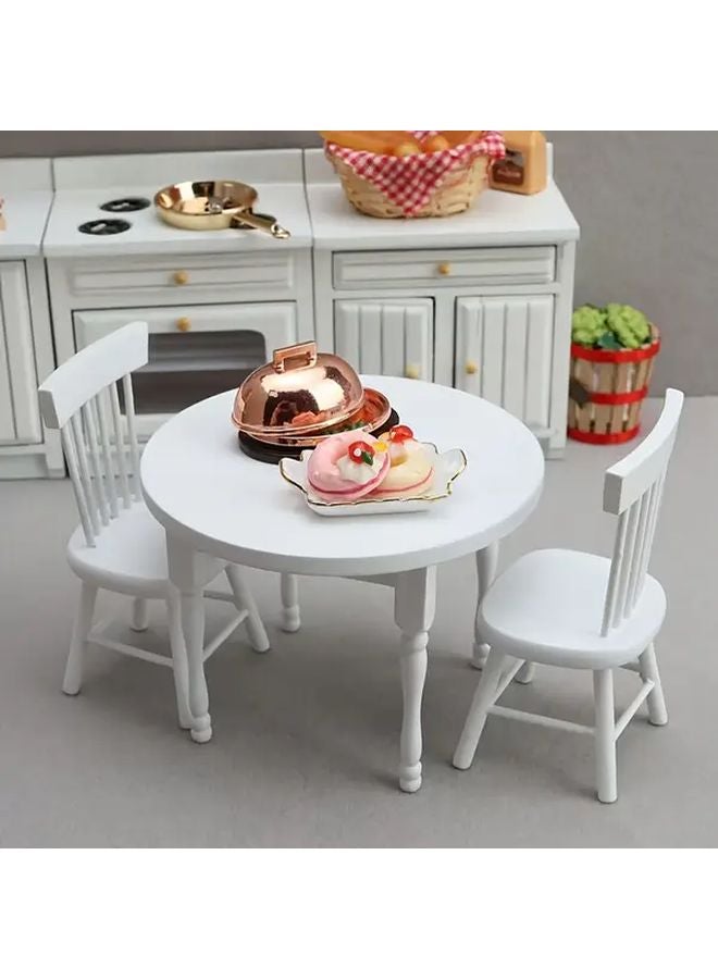 1 12 Dollhouse DIY Miniature Wooden White Round Table Set With 2 Chairs - Image 2