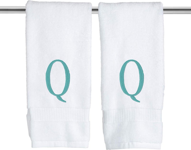 Decorvo Teal Powder Room Hand Towel - Monogram Initial Hotel Quality Decorative Embroidered Luxury Towel for Spa - GOTS Organic Certified - Set of 2 Letter Q  - Image 1