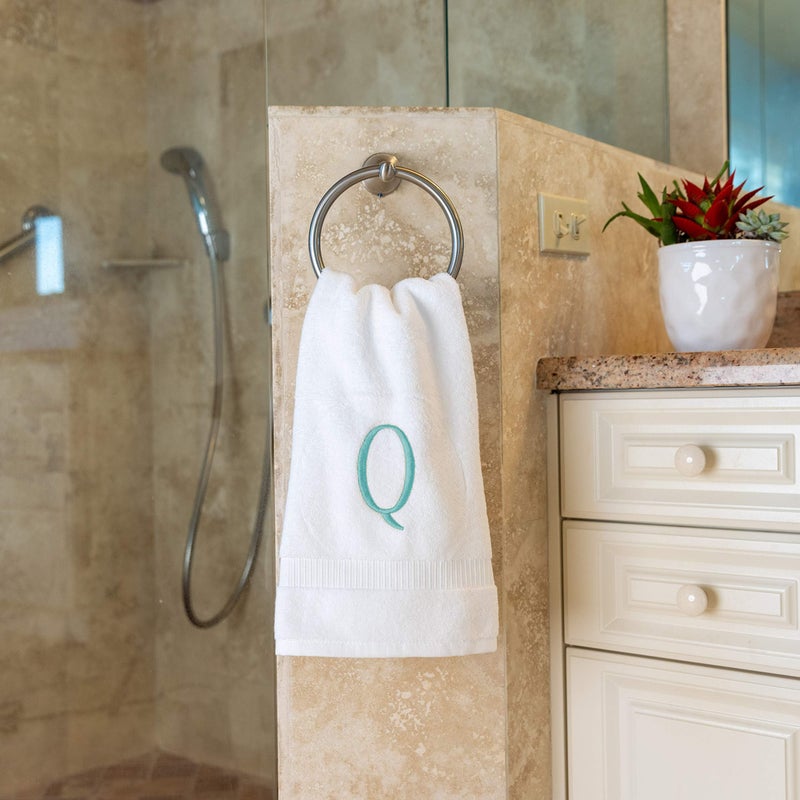 Decorvo Teal Powder Room Hand Towel - Monogram Initial Hotel Quality Decorative Embroidered Luxury Towel for Spa - GOTS Organic Certified - Set of 2 Letter Q  - Image 5