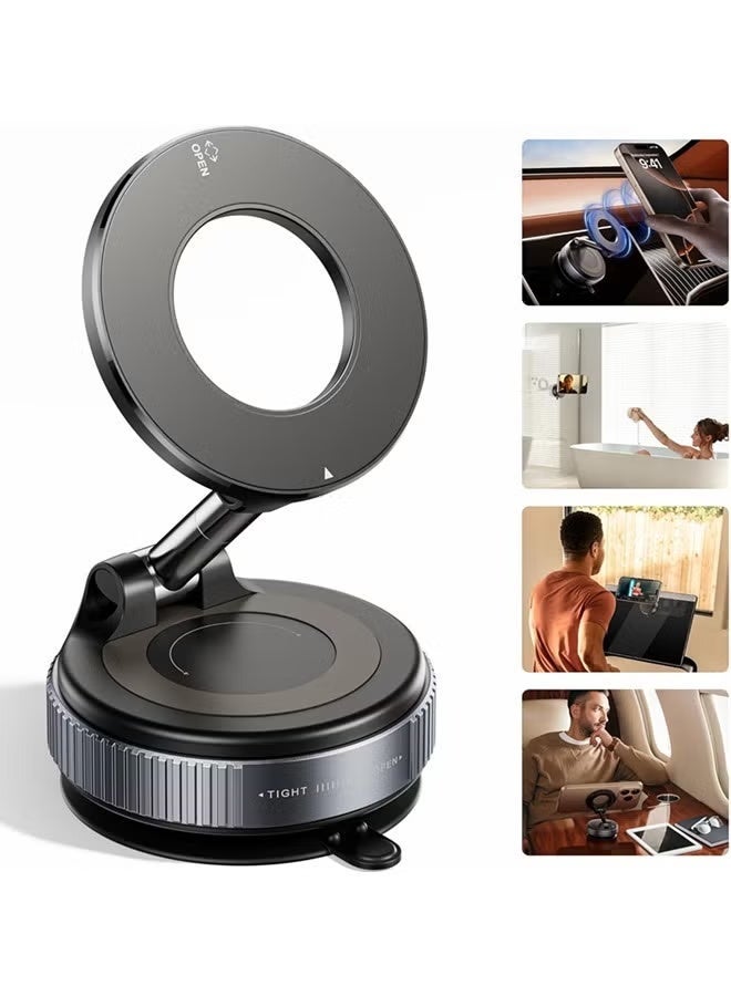 Magnetic Car phone holder, Ultra Vacuum Magnetic Suction Cup Phone Mount 360 ° Rotating Foldable Dashboard Car Cell Phone Holders, Universal for All Smartphones (Black) - Image 1