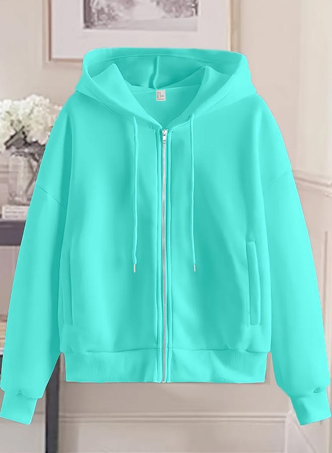 تايك تو هودي واسعة بلون أخضر نعناعي بسحاب أمامي - Image 3