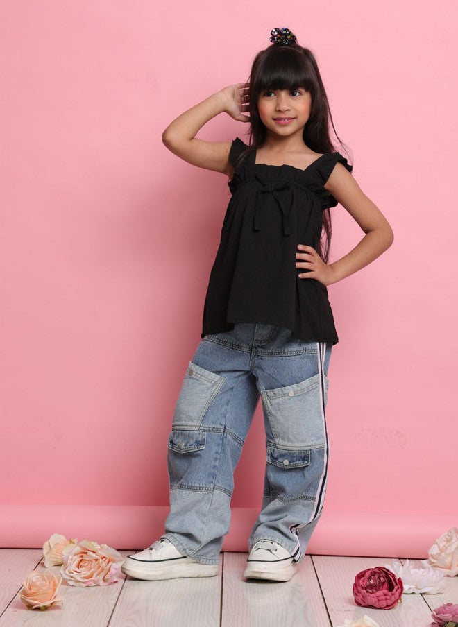 Saka Designs بلوزة سوداء على شكل حرف A مع كشكش للفتيات - Image 5