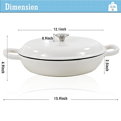 COOKWIN Enameled Cast Iron Braiser Pan, 3.8 Quart Shallow Dutch Oven with Lid, Heavy Duty Casserole Skillet with Dual Handles for Family or Friends Gifts, Oven-Safe to 500°F, White - Image 5