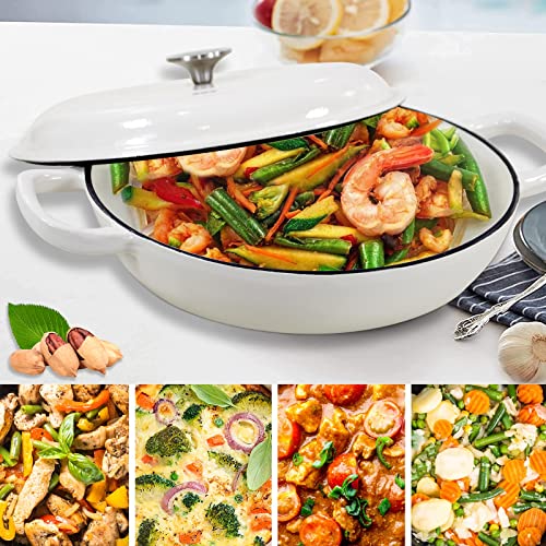 COOKWIN Enameled Cast Iron Braiser Pan, 3.8 Quart Shallow Dutch Oven with Lid, Heavy Duty Casserole Skillet with Dual Handles for Family or Friends Gifts, Oven-Safe to 500°F, White - Image 2