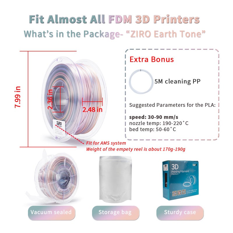 ZIRO 3D Printer Filament, Shiny PLA Fast Gradient Color Change, Glossy Color Change by Length PLA, Fit Most FDM 3D Printers, Dimensional Accuracy +/-0.03mm, 1KG/2.2lb Spool, Earth Tone(Silk) - Image 5