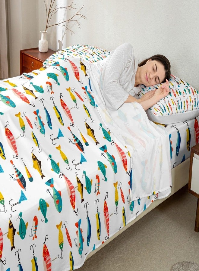 Feelyou Fish Sheets Set King Size Cute Fish Bait Sheets with Deep Pocket Fitted Sheet for Kids Boys Girls Colorful Fishing Hooks Bed Sheet Set Nature Fishing Theme Bed Set Room Decor 4Pcs with 2 Pillow Case - Image 4