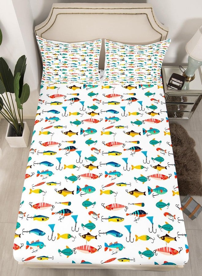Feelyou Fish Sheets Set King Size Cute Fish Bait Sheets with Deep Pocket Fitted Sheet for Kids Boys Girls Colorful Fishing Hooks Bed Sheet Set Nature Fishing Theme Bed Set Room Decor 4Pcs with 2 Pillow Case - Image 2