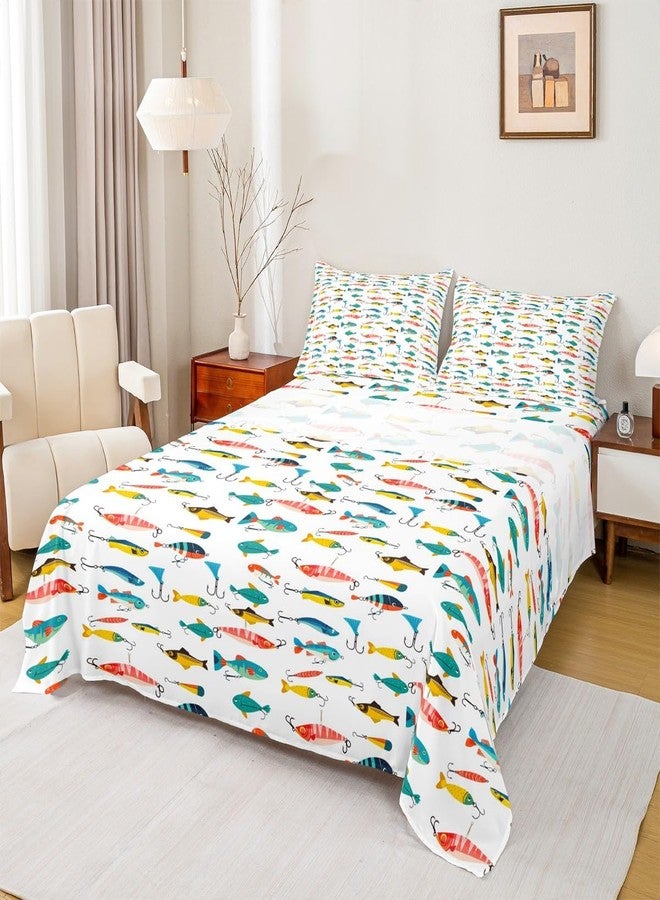 Feelyou Fish Sheets Set King Size Cute Fish Bait Sheets with Deep Pocket Fitted Sheet for Kids Boys Girls Colorful Fishing Hooks Bed Sheet Set Nature Fishing Theme Bed Set Room Decor 4Pcs with 2 Pillow Case - Image 3
