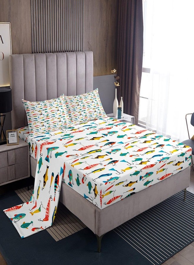 Feelyou Fish Sheets Set King Size Cute Fish Bait Sheets with Deep Pocket Fitted Sheet for Kids Boys Girls Colorful Fishing Hooks Bed Sheet Set Nature Fishing Theme Bed Set Room Decor 4Pcs with 2 Pillow Case - Image 1