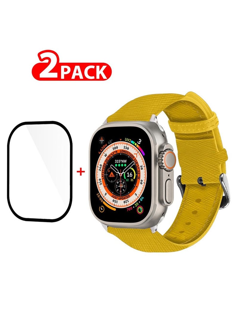CATANES 2 Packs For Apple Watch Band 49mm Leather Band Buckle Strap Wristband and 3D Screen Protector Yellow  - Image 1