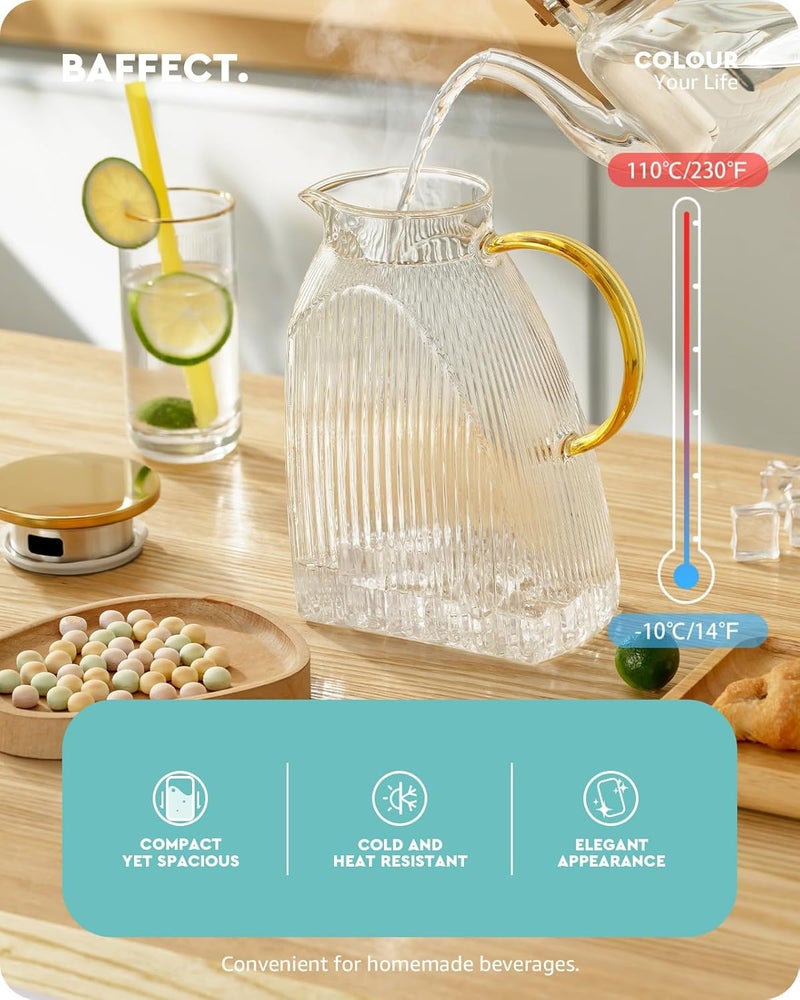 baffect Water Pitcher, High Borosilicate Glass Jug with Stainless Steel Lid, Leakproof Fridge Door Carafe for Hot or Cold Beverage Vertical Pattern (1.8 L/63 oz.) - Image 2