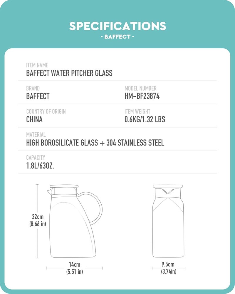 baffect Water Pitcher, High Borosilicate Glass Jug with Stainless Steel Lid, Leakproof Fridge Door Carafe for Hot or Cold Beverage Vertical Pattern (1.8 L/63 oz.) - Image 5