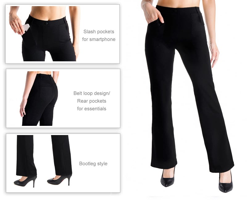 Yogipace,4 Pockets/Belt Loops,Women's Flare Yoga Dress Pants Work Slacks,31",Black,Size L - Image 5