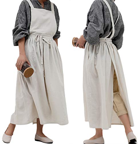 losofar Pleated Cotton Long Apron X Back Kitchen Garden Florist Work Clothes Bib Dress (beige, 38.5x34.6in) - Image 1