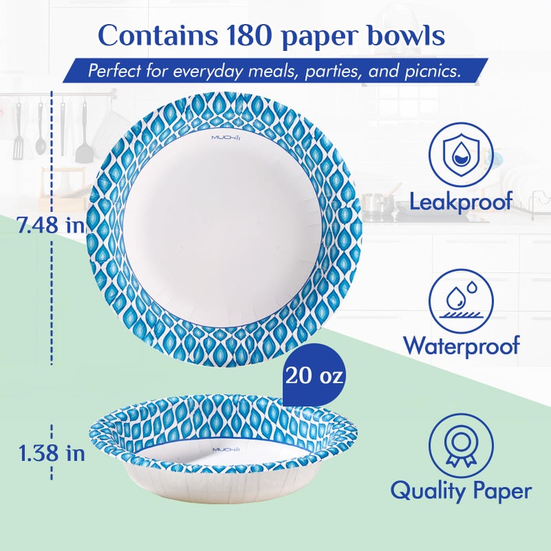 MUCHII 20 Oz Paper Bowls 180 Count Disposable Bowls, Printed Soak Proof Large Bowls for Breakfast, Lunch, and Dinner Meals - Image 3