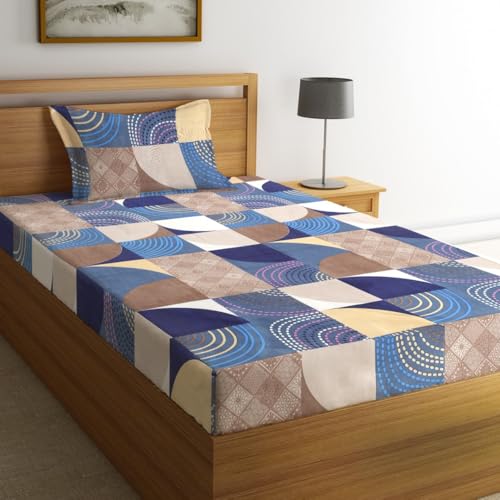 Fashion String 144TC Microfibre Blue Orbit Geometric Blue Single Bedsheet with 1 Pillow Cover - Image 1