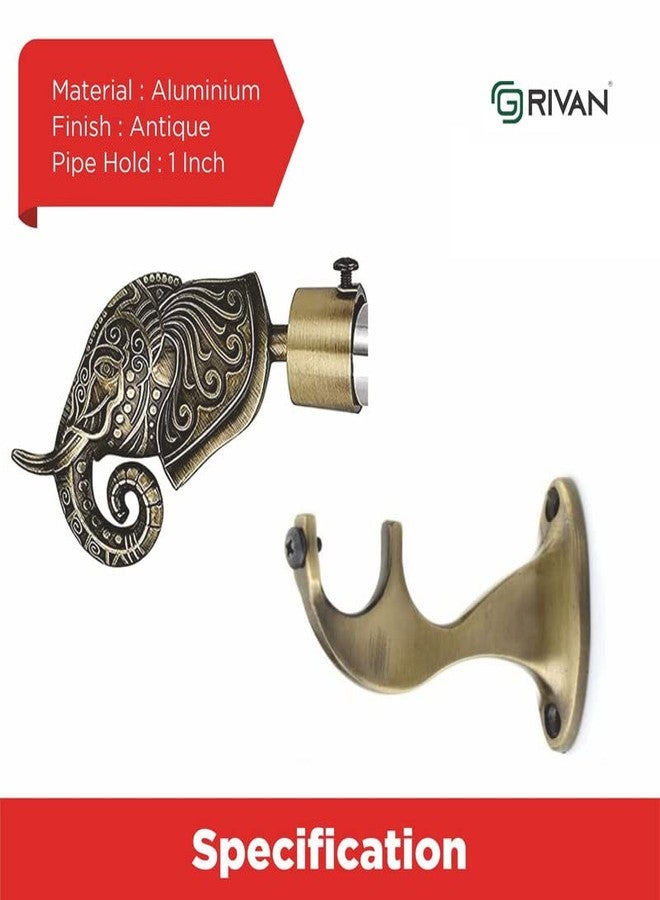 GRIVAN Rajwada Royal Aluminium Elephant Curtain Brackets Parda Holders with Support Fittings 1 Inch Rod Pocket Finials Designer Door and Window (Antique ,Pair of 3) - Image 2