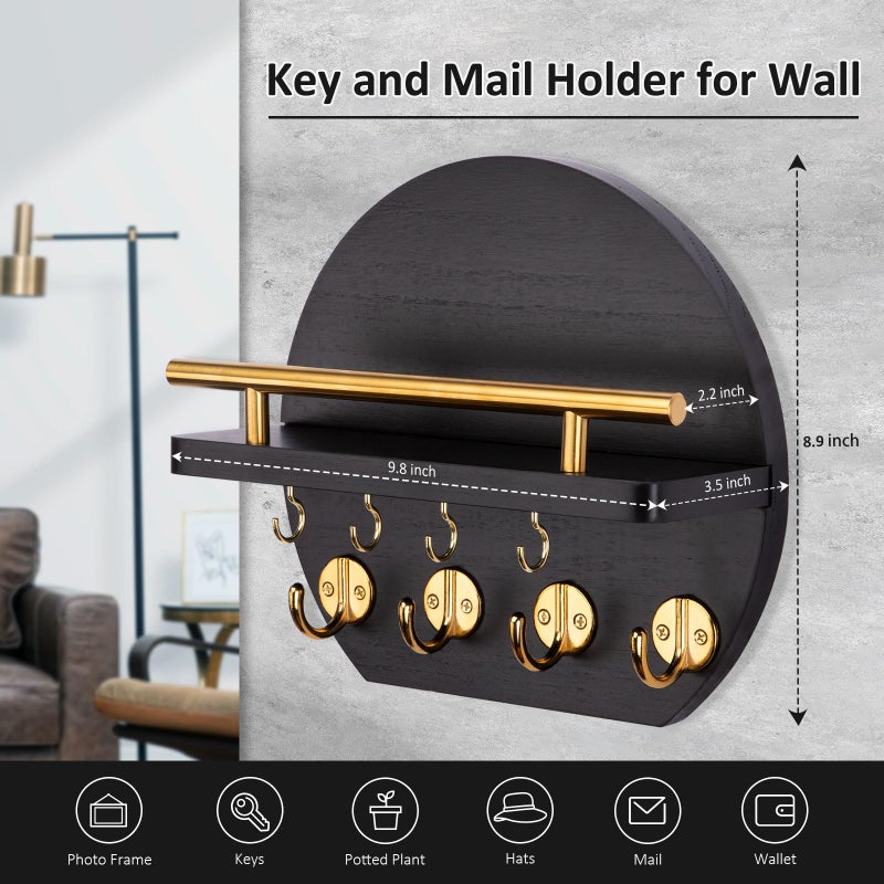 Nekon Key Holder for Wall - 9.8 Inch Apartment Wall Decor with Shelf and 8 Key Hooks, Circular Wood Key Hanger for Home Decor (Black with Golden Hooks) - Image 3