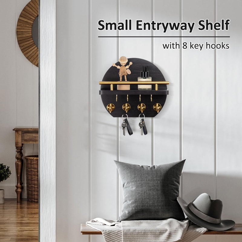 Nekon Key Holder for Wall - 9.8 Inch Apartment Wall Decor with Shelf and 8 Key Hooks, Circular Wood Key Hanger for Home Decor (Black with Golden Hooks) - Image 5