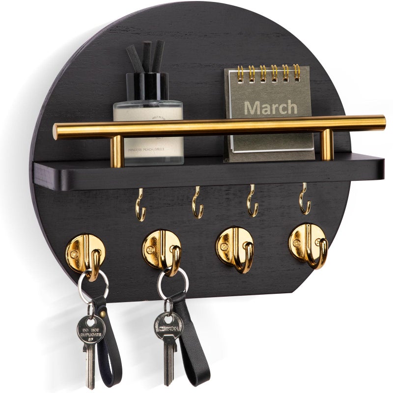 Nekon Key Holder for Wall - 9.8 Inch Apartment Wall Decor with Shelf and 8 Key Hooks, Circular Wood Key Hanger for Home Decor (Black with Golden Hooks) - Image 1