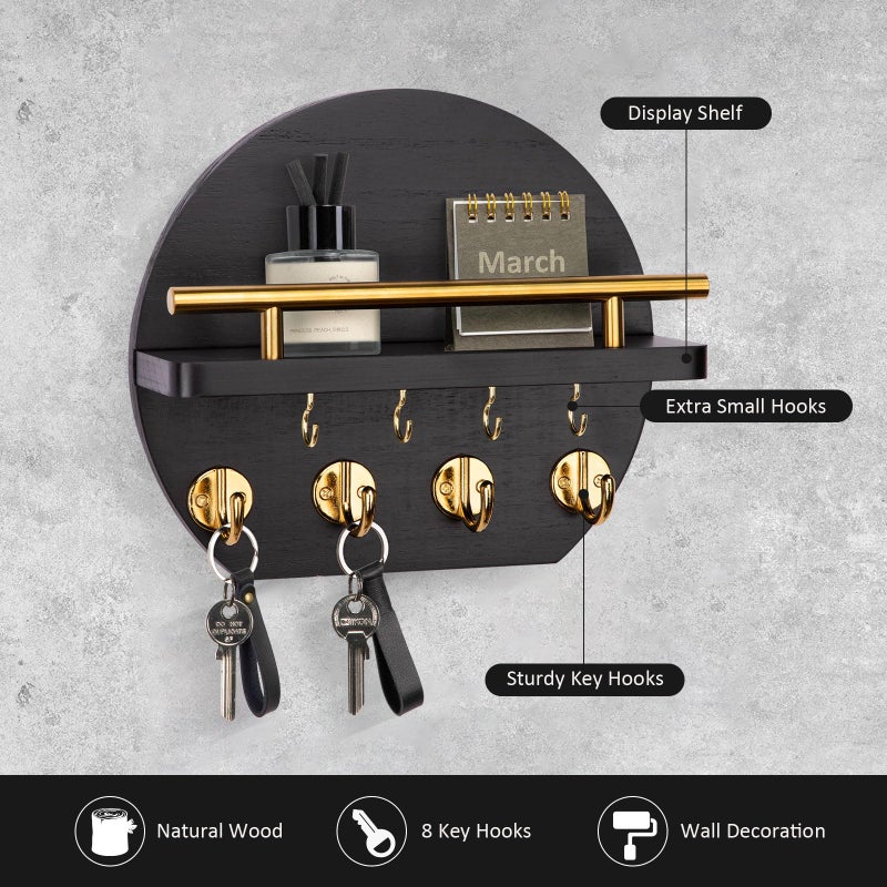 Nekon Key Holder for Wall - 9.8 Inch Apartment Wall Decor with Shelf and 8 Key Hooks, Circular Wood Key Hanger for Home Decor (Black with Golden Hooks) - Image 2