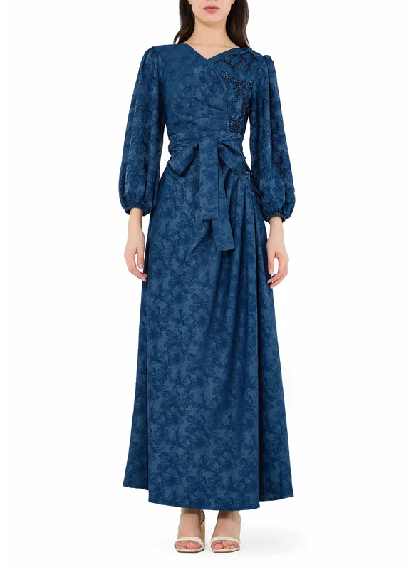 Amri Beautiful Asymmetrical Pattered Embroidered Long Dress With V-Neckline With Bishop Sleeves
