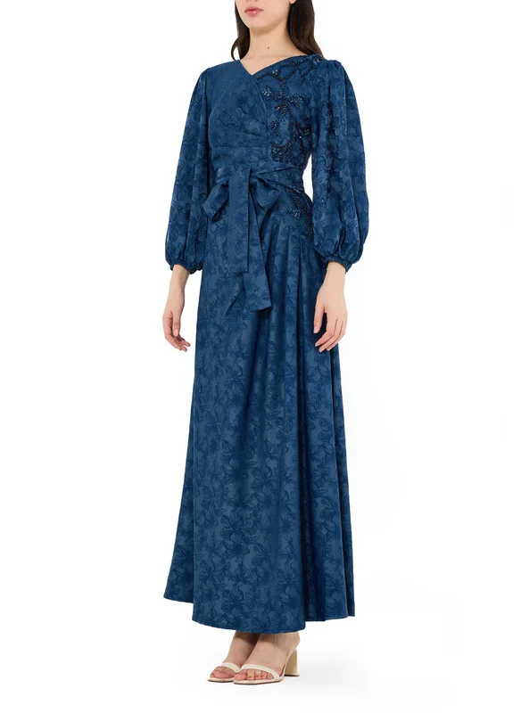 Amri Beautiful Asymmetrical Pattered Embroidered Long Dress With V-Neckline With Bishop Sleeves
