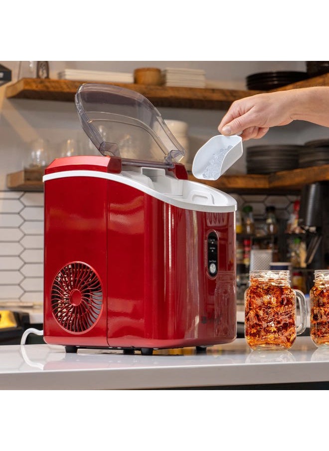33LB Per Day Countertop Ice Maker, 1-Click Automatic Operation, Self-Cleaning, Chewable Soft Nugget Ice, Red Stainless