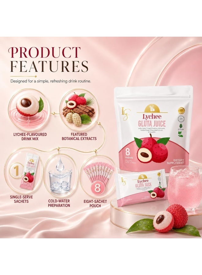 لوكس سليم مشروب "لوكس سليم" (Luxe Slim) البودرة بنكهة الليتشي والجلوتاثيون (Gluta Juice)، معزز بمستخلص الليتشي والنياسيناميد والأستازانتين وستيفيا - 8 أكياس (وزن الكيس 21 جم) - Image 3