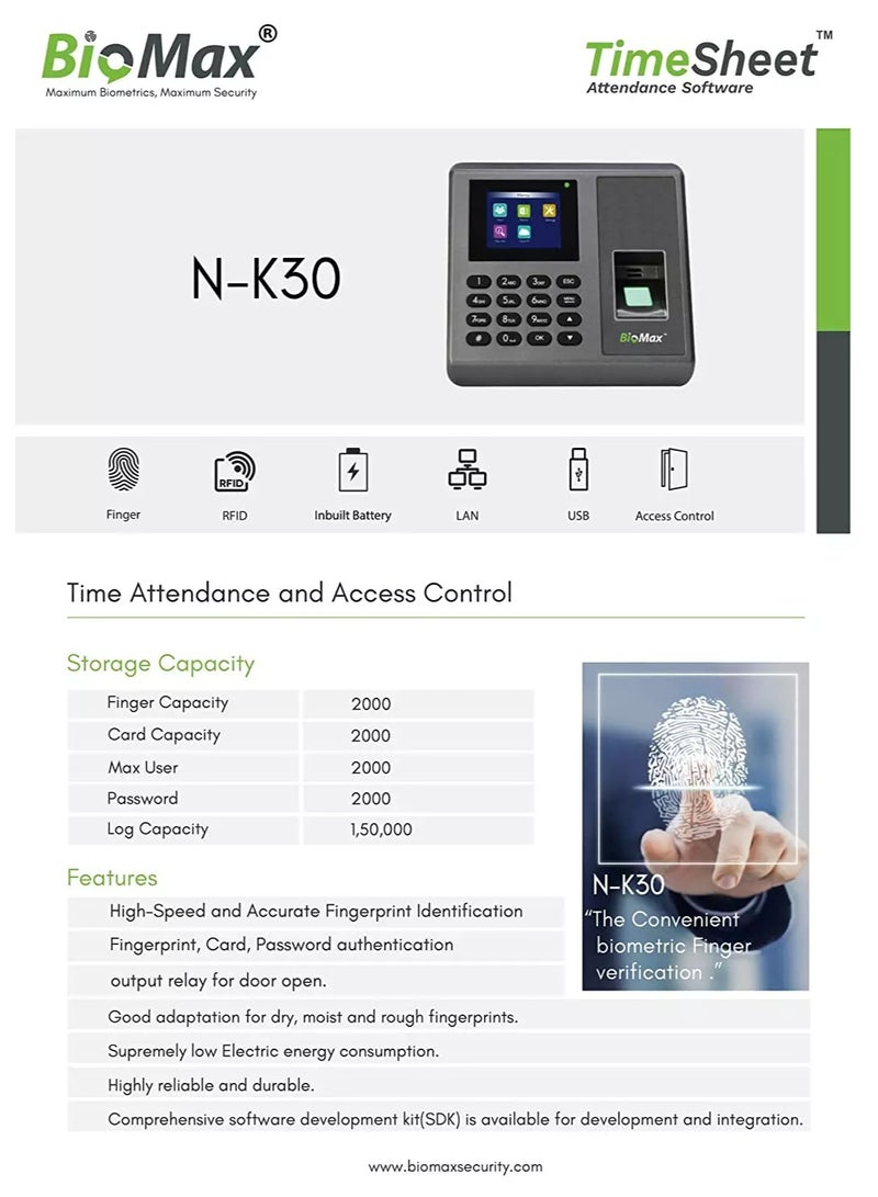 Biomax K30 Time Attendnace and Access Control Machine with inbuilt Battery - Image 3
