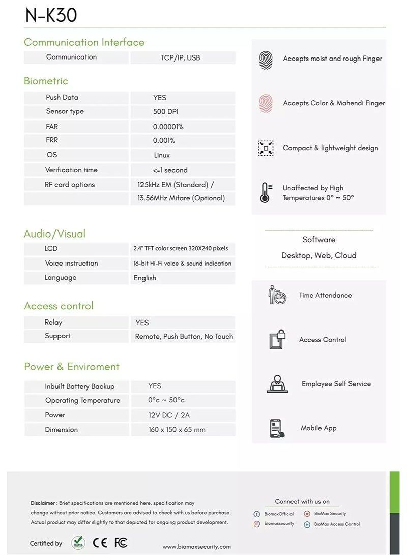 Biomax K30 Time Attendnace and Access Control Machine with inbuilt Battery - Image 4