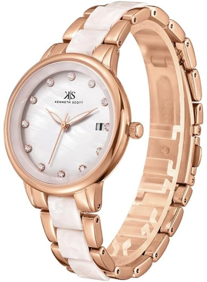 كينيث سكوت ساعة كينيث سكوت نسائية بحركة  وشاشة تناظرية وسوار من خليط معدني وأسيتات بلاستيك - -، أبيض - Image 2