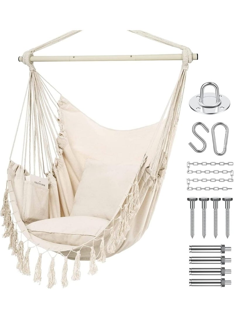 سوفام كرسي معلق لغرفة النوم، 150 كجم كحد أقصى، كرسي معلق باللون البيجي مع وسادتين، كرسي معلق مع جيب ومكريم، كرسي معلق لغرفة النوم، داخلي، خارجي (بيجي) - Image 1