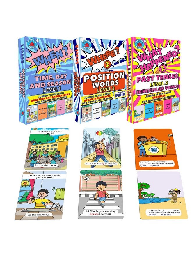90 Grammar and Sentence Structure Cards | 30 What Happened - Level 2 (Irregular Past Tenses), 30 Answer When? Cards, 30 Prepositions Level 2 | Position Words and Action Words - Image 1