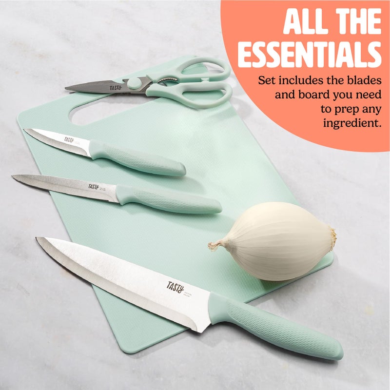 Tasty 5-Piece Cutlery & Cutting Board Set, High-Carbon Stainless Steel Knives with Soft Grip Handles, Reversible Cutting Board for Chopping & Serving, Aqua - Image 4