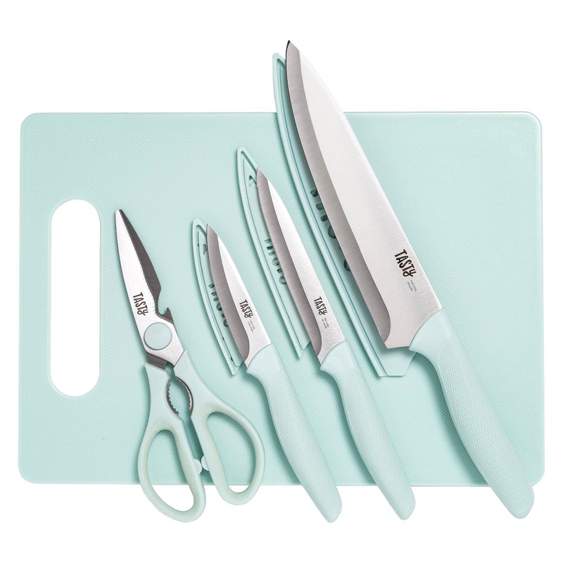 Tasty 5-Piece Cutlery & Cutting Board Set, High-Carbon Stainless Steel Knives with Soft Grip Handles, Reversible Cutting Board for Chopping & Serving, Aqua - Image 1