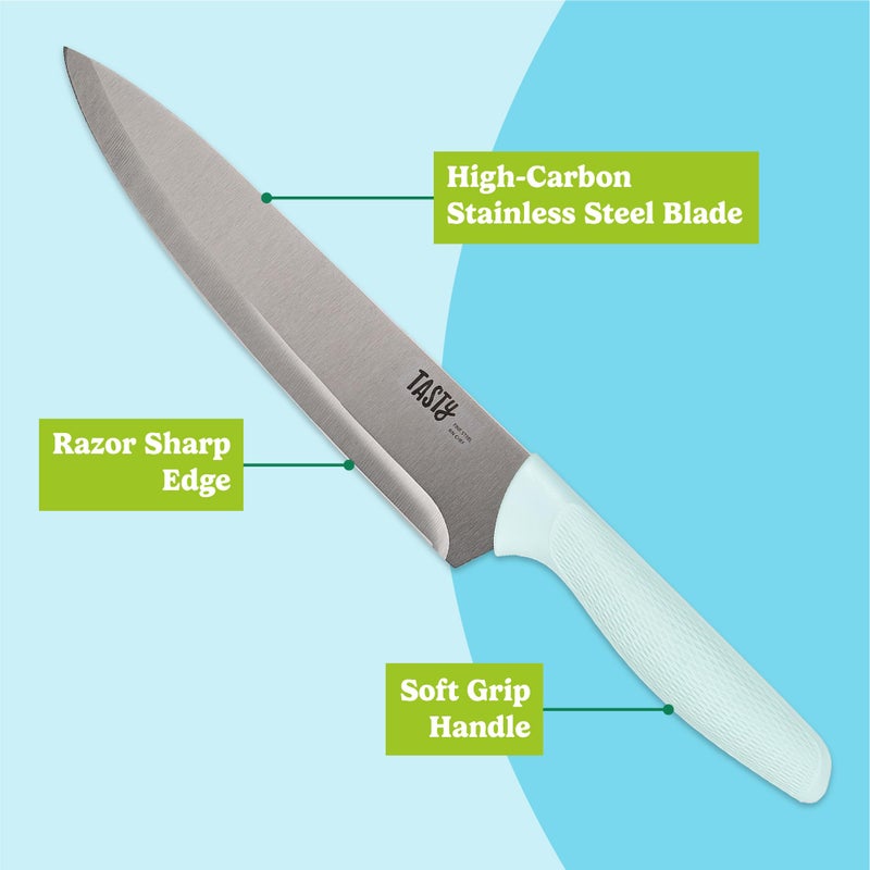 Tasty 5-Piece Cutlery & Cutting Board Set, High-Carbon Stainless Steel Knives with Soft Grip Handles, Reversible Cutting Board for Chopping & Serving, Aqua - Image 3