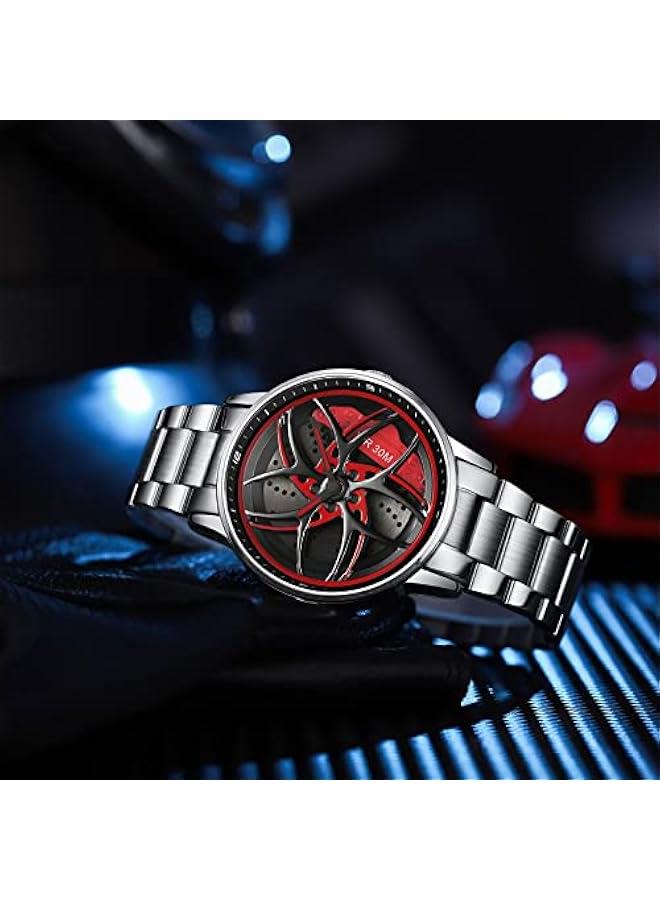 Men's Watch Designer 3D Skeleton Rotation Car Wheel Stainless Steel Leather Band Wrist Watches for Men Analog Quartz Watch Daily Life Waterproof Unique Creative  - Image 2