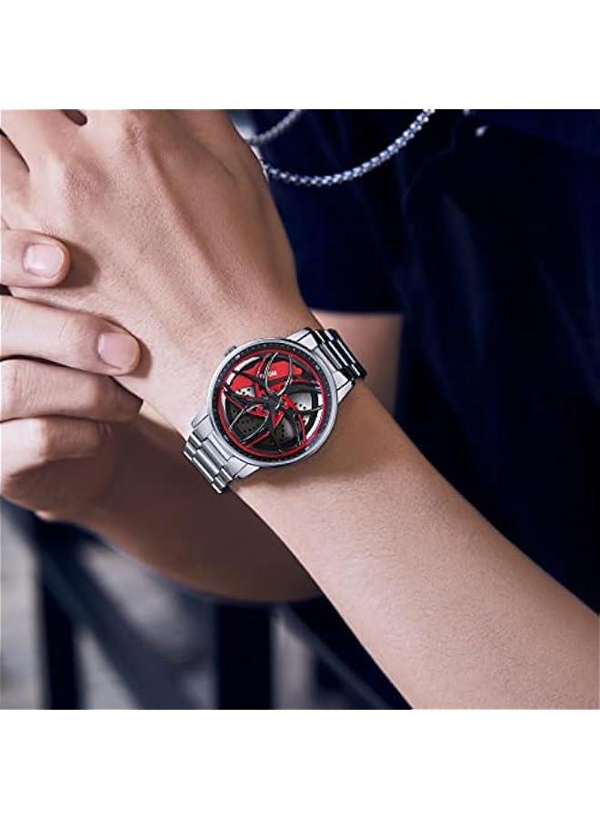 Men's Watch Designer 3D Skeleton Rotation Car Wheel Stainless Steel Leather Band Wrist Watches for Men Analog Quartz Watch Daily Life Waterproof Unique Creative  - Image 3